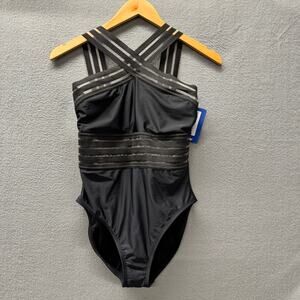 Hilor Swimsuit Womens Small Black Cross Neck One-Piece Mesh Panels NEW
